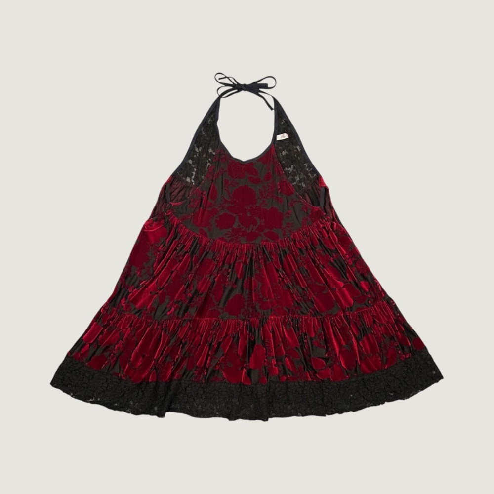 Free People Slip Dress Womens S Red Black Burnout Velvet Lace Trim Halter Tiered